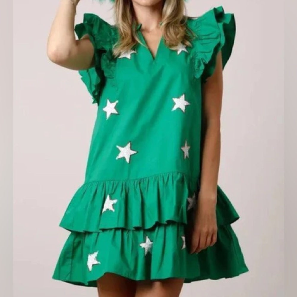 Fantastic Fawn Green Poplin Ruffle Sleeve Star Sequin Dress Size‎ M NWOT